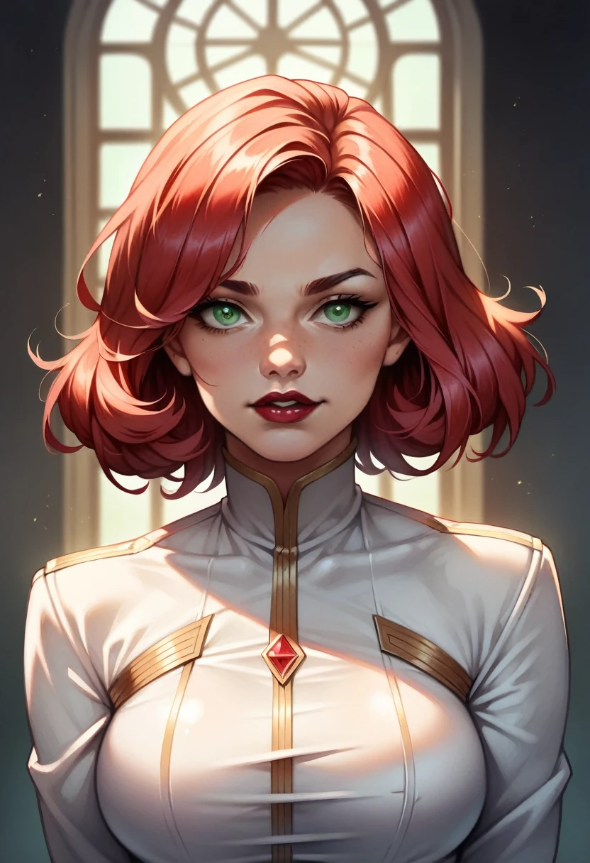 (high-level image quality), (high quality), (high resolution), (detailed), (masterpiece), beautiful woman, ((caucasian)), green eyes, red hair, short hair, dark red lipstick, perfect eyes, Detailed face, tight corporate suit, confident