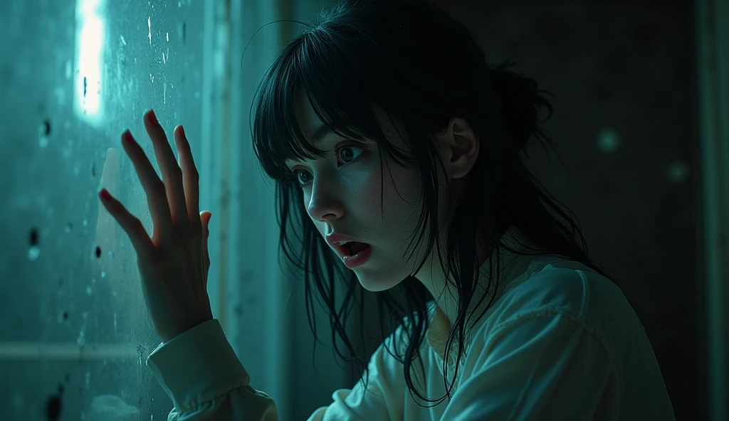 (best quality, masterpiece, ultra detailed), (anime:1.5)、woman is the main character、mysterious、Suspenseful Tone、Dark tones and shadows、A little creepy atmosphere、Surrealism、Dark fantasy、
The protagonist through the glass keeps tapping on the glass、Hysterical facial expression