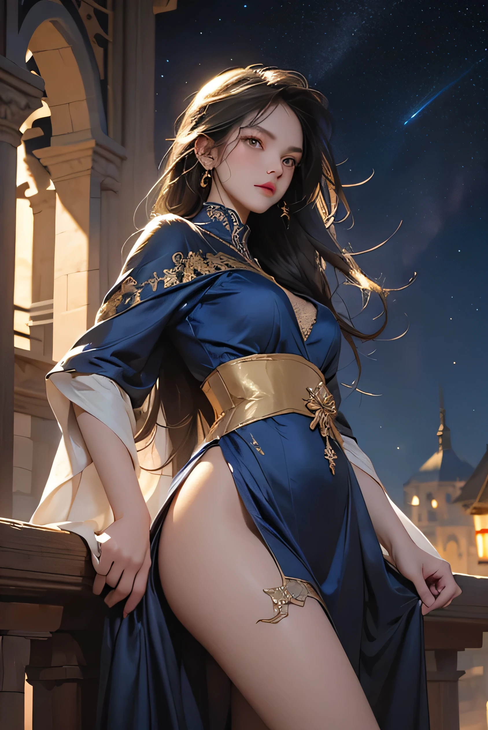 Stunning 8K、masterpiece、One Sexy Woman、(Gold and blue lace dress、Medieval Spanish Style、Golden silk robe)、dancer、Veil 、(Starry sky background)、nebula、Aurora、((Outdoor))、Dark Background、From below