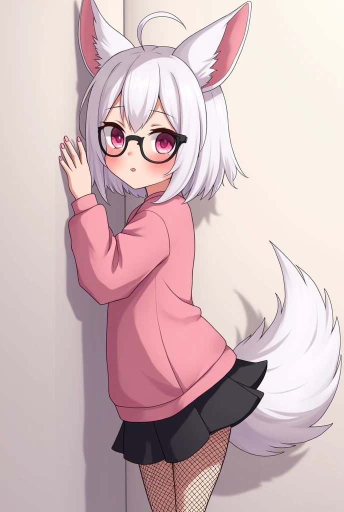 I have white hair white fox ears, a bow, My face is super blushing, black glasses, pink heart eyes, a big pink sweatshirt, painted nails a skirt down black shorts, black mesh stockings, White shoes, a fox tail a very shy girl i'm hitting you a wall grabbing her butt she's also pouting