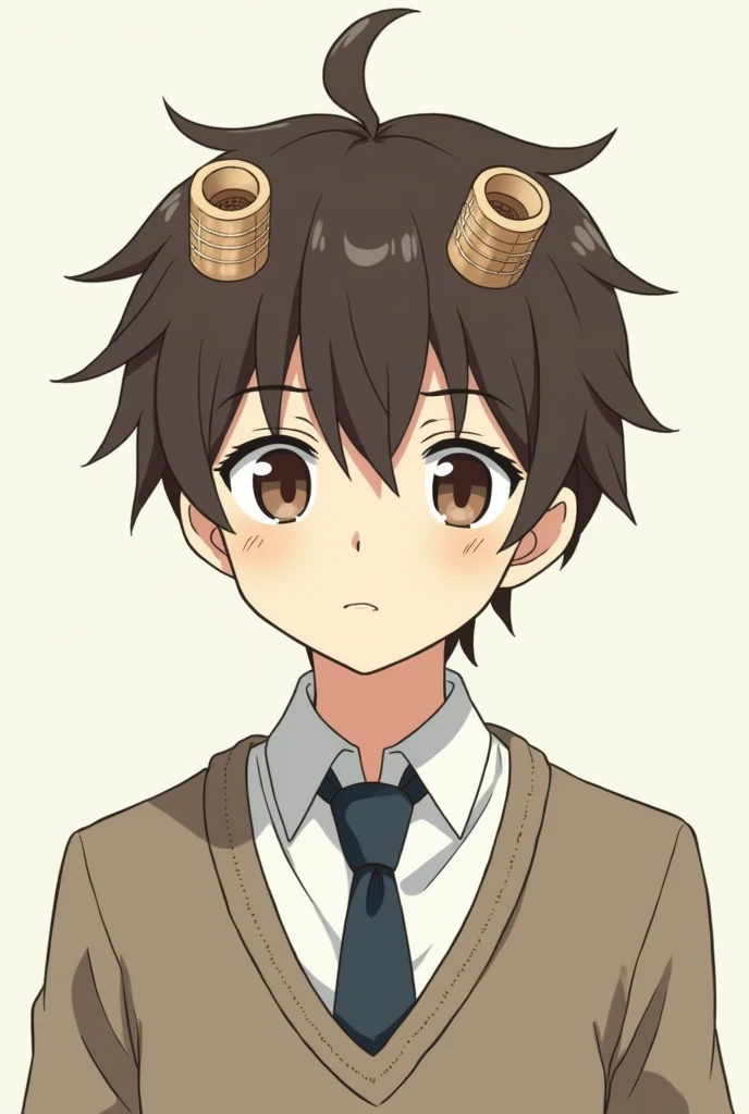 1 boy manga style teenager short hair with brown curlers on top dressed as a serious student. Thin brown eyes that appear to be older