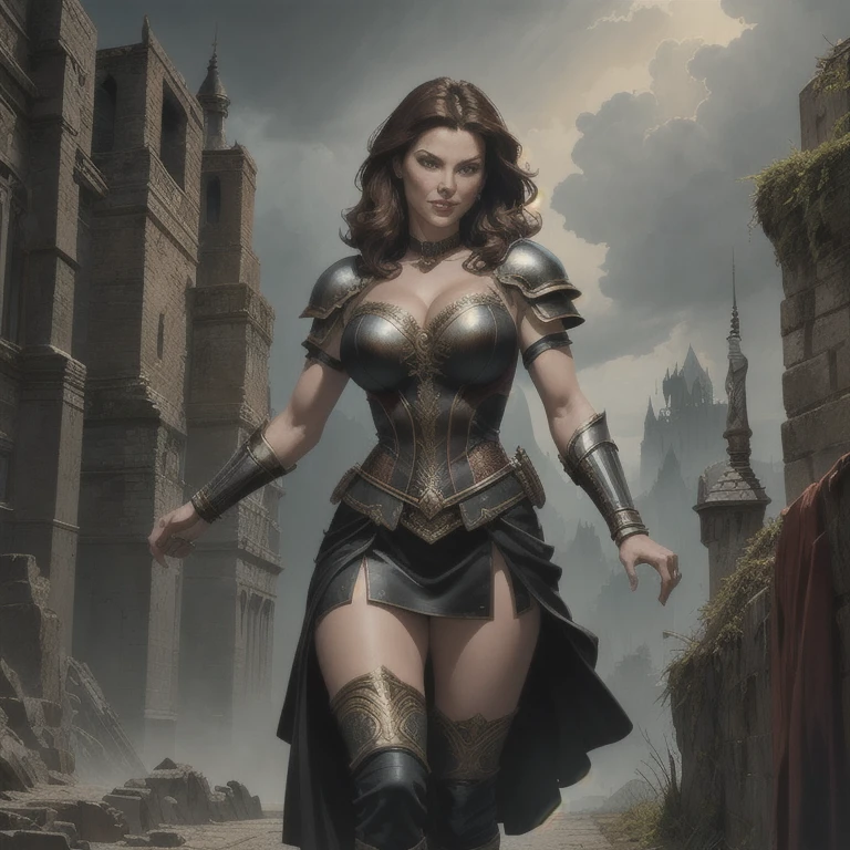 a young woman, beautiful warrior princess, long dark brown hair, wearing metal armor, smiling, large breasts, visible cleavage, holding a huge sword, full body front view, standing in a fortress, (best quality,4k,8k,highres,masterpiece:1.2),ultra-detailed,(realistic,photorealistic,photo-realistic:1.37),detailed facial features,intricate armor textures,dramatic lighting,cinematic composition,vibrant colors,fantasy,dark and moody,powerful,dynamic pose