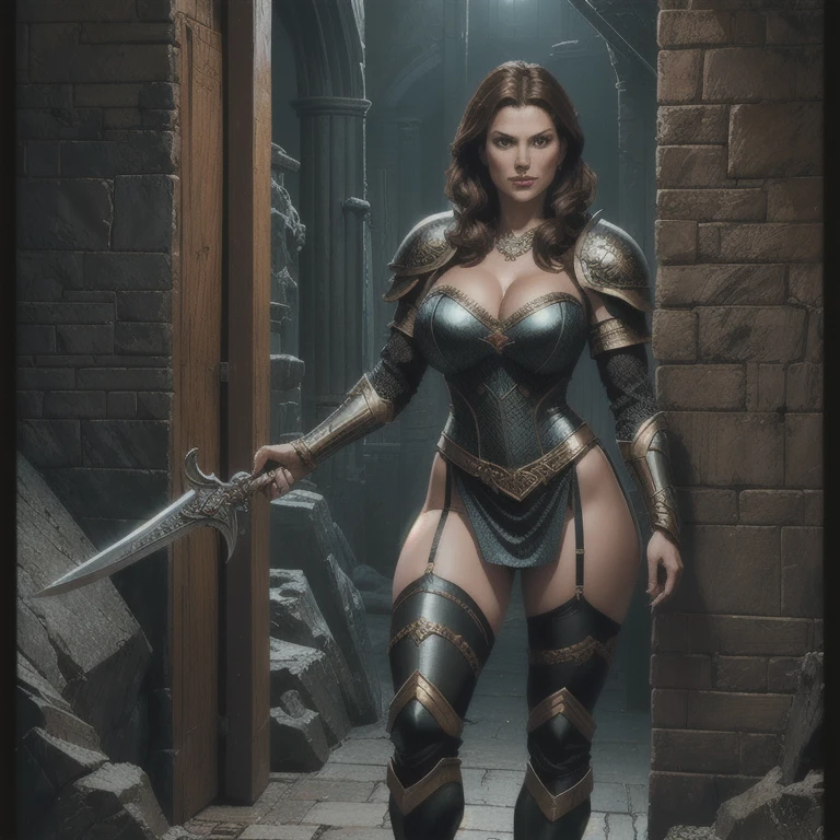 a young woman, beautiful warrior princess, long dark brown hair, wearing metal armor, smiling, large breasts, visible cleavage, holding a huge sword, full body front view, standing in a fortress, (best quality,4k,8k,highres,masterpiece:1.2),ultra-detailed,(realistic,photorealistic,photo-realistic:1.37),detailed facial features,intricate armor textures,dramatic lighting,cinematic composition,vibrant colors,fantasy,dark and moody,powerful,dynamic pose