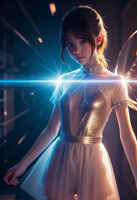 A magical girl appears from the light、Transformation effect、Thin, see-through clothing、Wide-angle shot, Sparkle Effect, Concept Art, reflected light, See-through clothing、