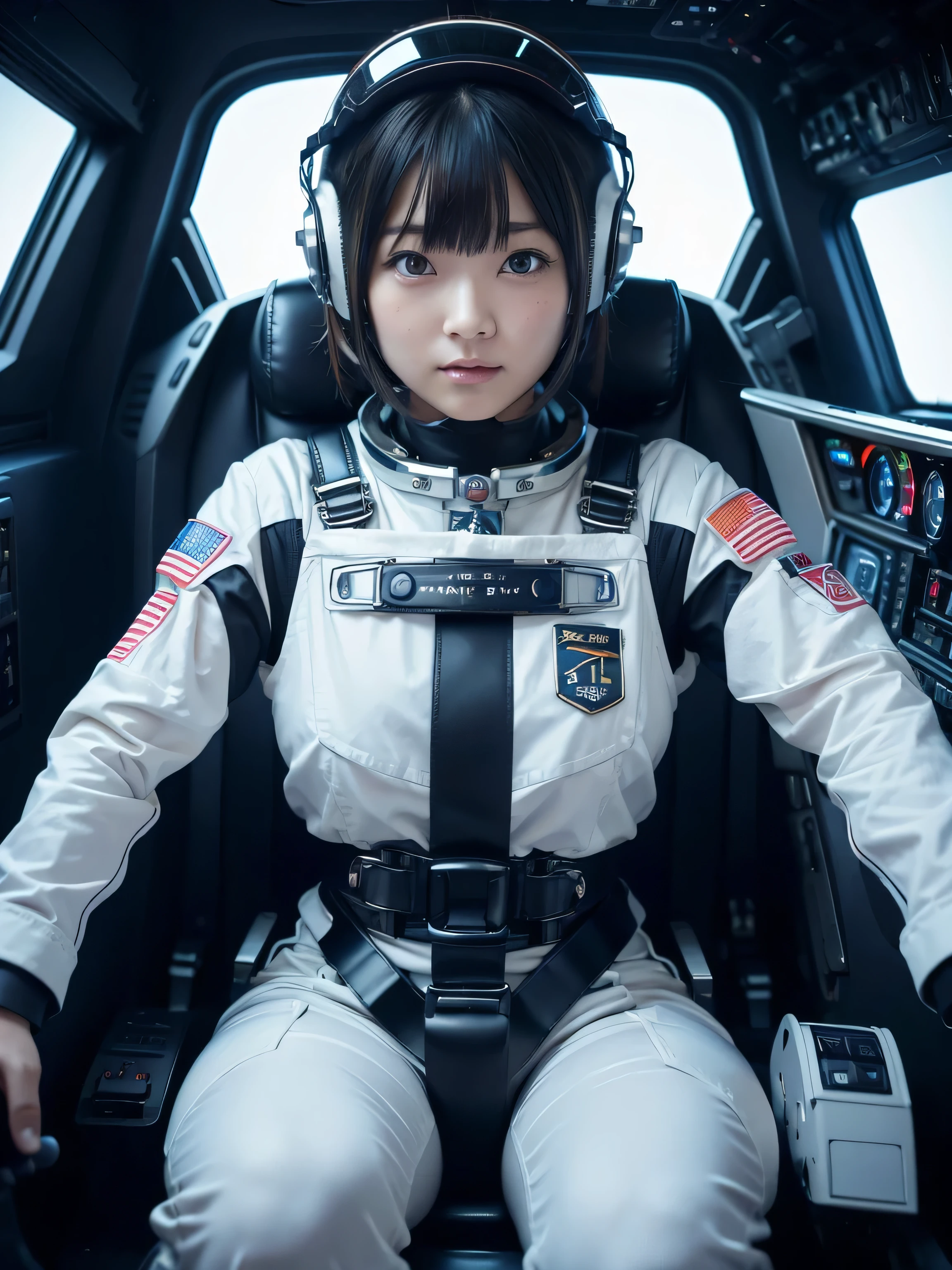 masterpiece, Highest quality, Very detailed, Japanese Android girl, Beautiful 2 Japanese woman, Plump,Control panel,Android,cyborg,Blunt bangs,Sitting in the cockpit of a spaceship and piloting it,The control stick is in the center of the seat.,astronaut,Thick harness belt,Full-face helmet,