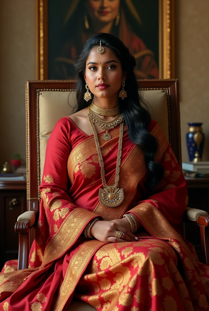 6 ft big breasted  beautiful brown sri lanakan wealthy age 25 girl in maharani dress. Wearing Academic regalia.well educated.sit in chair massive big boobs, big butt 