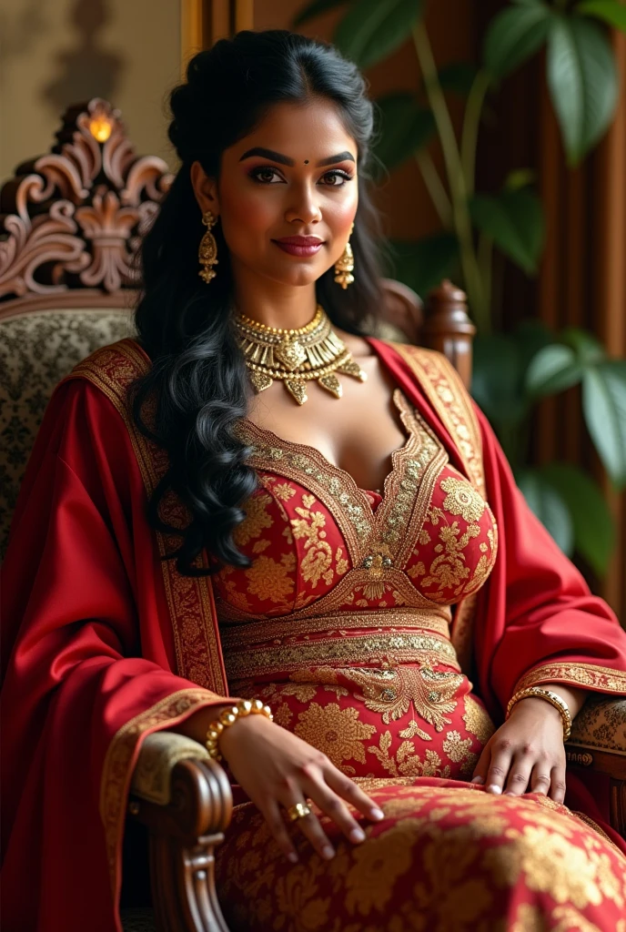 6 ft big breasted beautiful brown sri lanakan wealthy age 25 girl in maharani dress. Wearing Academic regalia.well educated.sit in chair massive big boobs, big butt