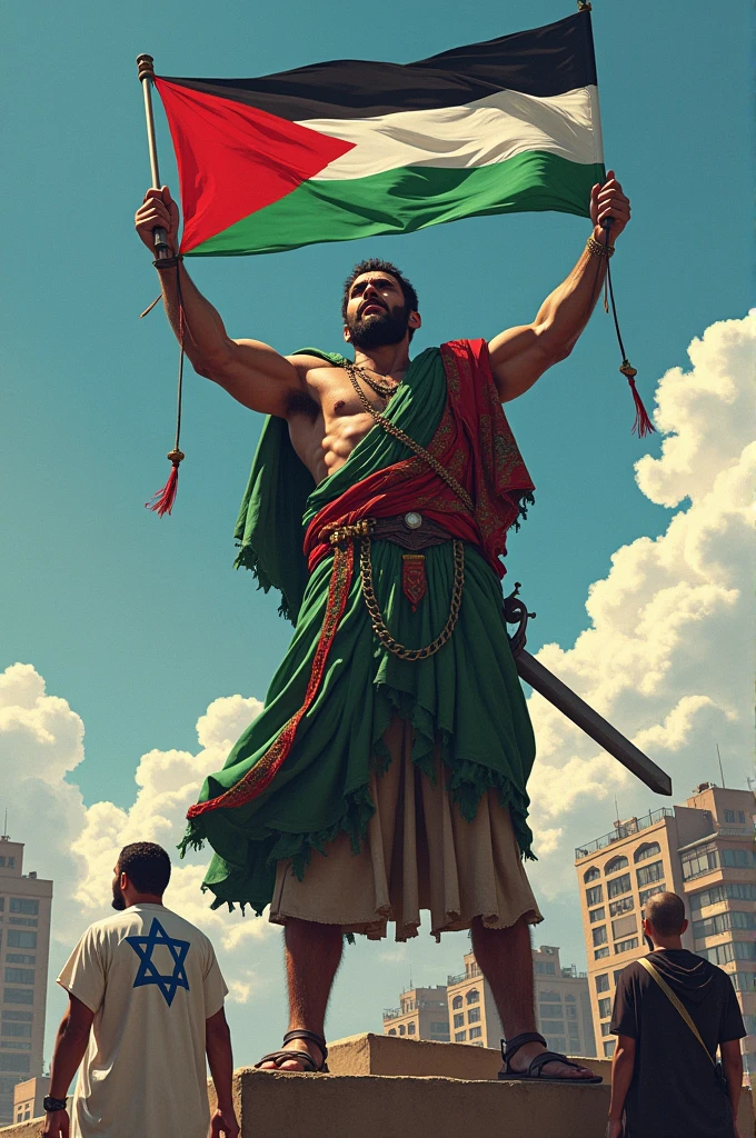 a Big Palestinian man is standing in a city with sword , he is high than big building and he looking his body and holding Palestinian plag by his hand, his dress is maked by Palestinian plag and he is ing is a man. who are dressed by Israeli plag