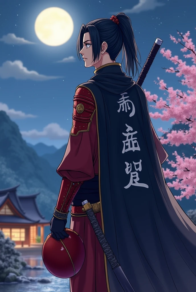 A guy named Tsy, 170 cm tall, with black hair and blue eyes, hair tied into a ponytail with a piece of leather similar to a hair tie, tail length to shoulders, he has scarlet armor with a cape, On the black cape are Japanese runes denoting peace, The color of the runes is white. Tsi has two blades, one is two-handed on his back, the other is a regular katana., holds a scarlet helmet in his hands, [top quality] [1:1] environment night full moon Tsi stands on the mountain, under the mountain there is an ancient Japanese settlement in the center of the settlement cherry blossoms have blossomed, [top quality] [1:1] Phone wallpaper 