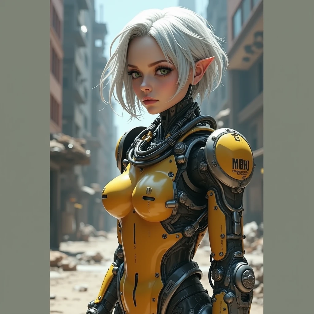 (((ultra realistic))) photoshot, work of art, Maximum quality,photoshotgrafia fiel de Alita anjo de combate, (ultra detailed face and eyes:1.3) in a modified robotic body, shiny white metals, bright yellow mechanical parts, wires and cables , LEDs for mechanical parts, strong and sexy body, breasts big, thick-thighs, yakuza tattoo on the body, White hair, battle angel alita face, in position of action, in top perspective showing the ground, closed fists , serious and angry eyes, scenery on top of an old spaceship flying high.