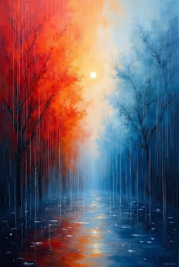 I want a rain painting design that starts off well and then goes little by little , in red and blue colors 
