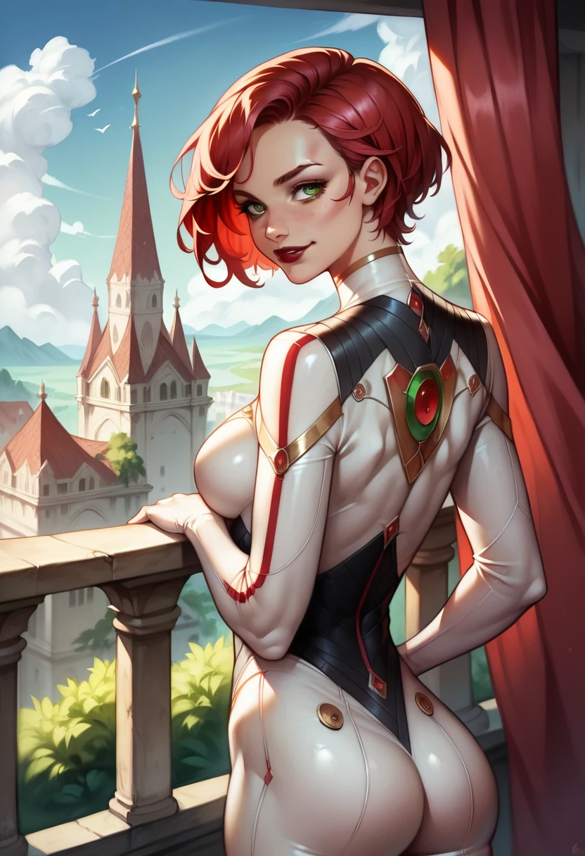 (high-level image quality), (high quality), (high resolution), (detailed), (masterpiece), beautiful woman, ((caucasian)), green eyes, red hair, short hair, dark red lipstick, perfect eyes, Detailed face, tight corporate suit, confident, balcony