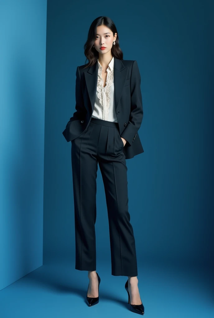 Korean female model wearing blazer, elegant blouse with ruffles, ties, pants and pumps. extremely elegant. Tons azul