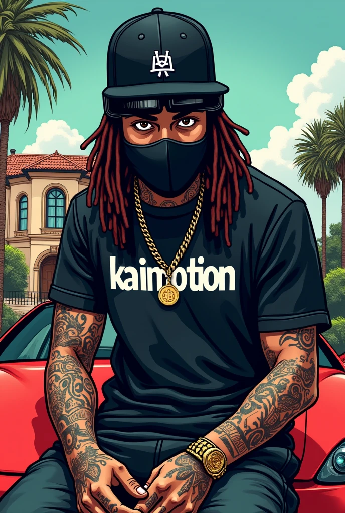 cartoon character with a black ski mask with dreads and a shirt that’s says KaiMotion on it with tattoos money and bitcoin around him with a masion and cars in the back