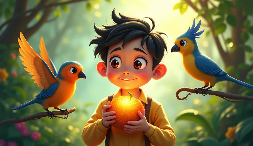 Magical Fruit: Bablu eating the magical fruit and speaking in the birds' language.