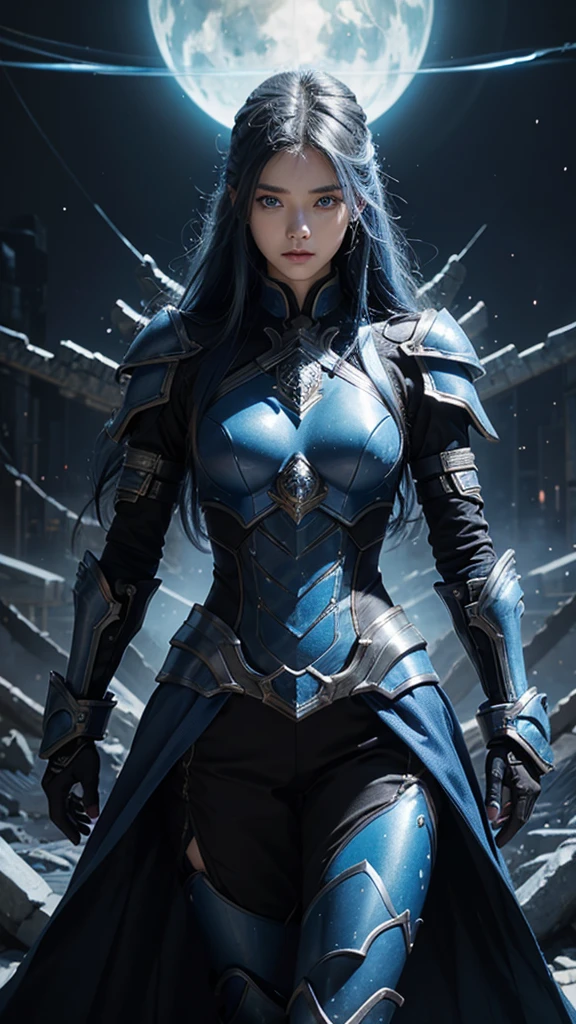 Blue armor with white and yellow lines、Beautiful long blue hair、Blue Eyes、Hellish、Blue flames are spreading across the ground、Black cold rock、Big dragon in the distance high resolution, masterpiece, accurate, Anatomically correct, Winner of numerous awards, 最高quality, detail, Damaged, detail, High-resolution model, 高いdetail, 高quality, quality, Retina, Very detailed, Ultra high definition,