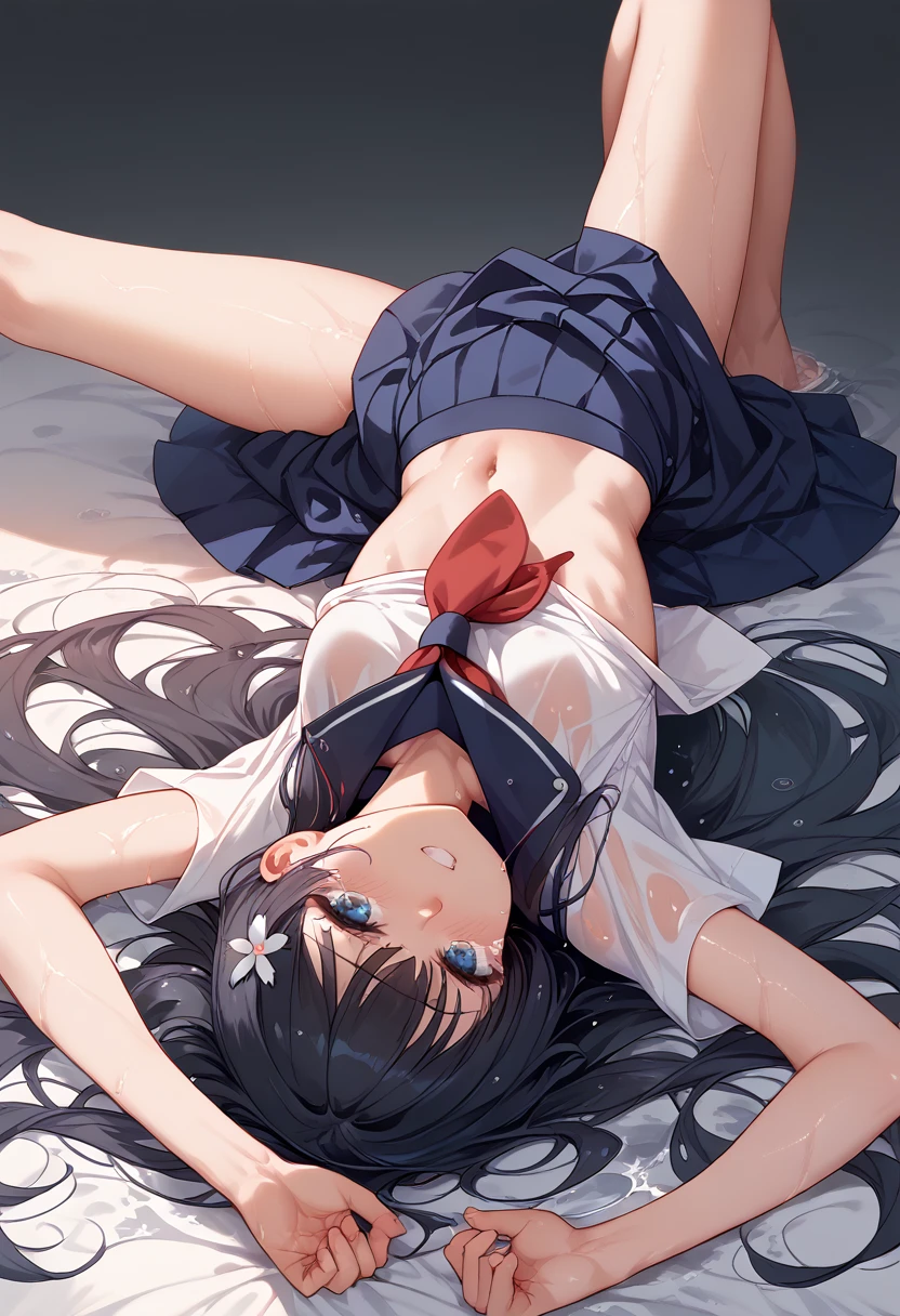 ((masterpiece,high resolution,best quality,8K))
(Saten tears)(1 female,Black long hair,Small Breasts,slim,Flower hairpins)
(White sailor suit,Red tie,Blue Skirt)Spread your legs,Aheiyan,Supine,upside down,wet