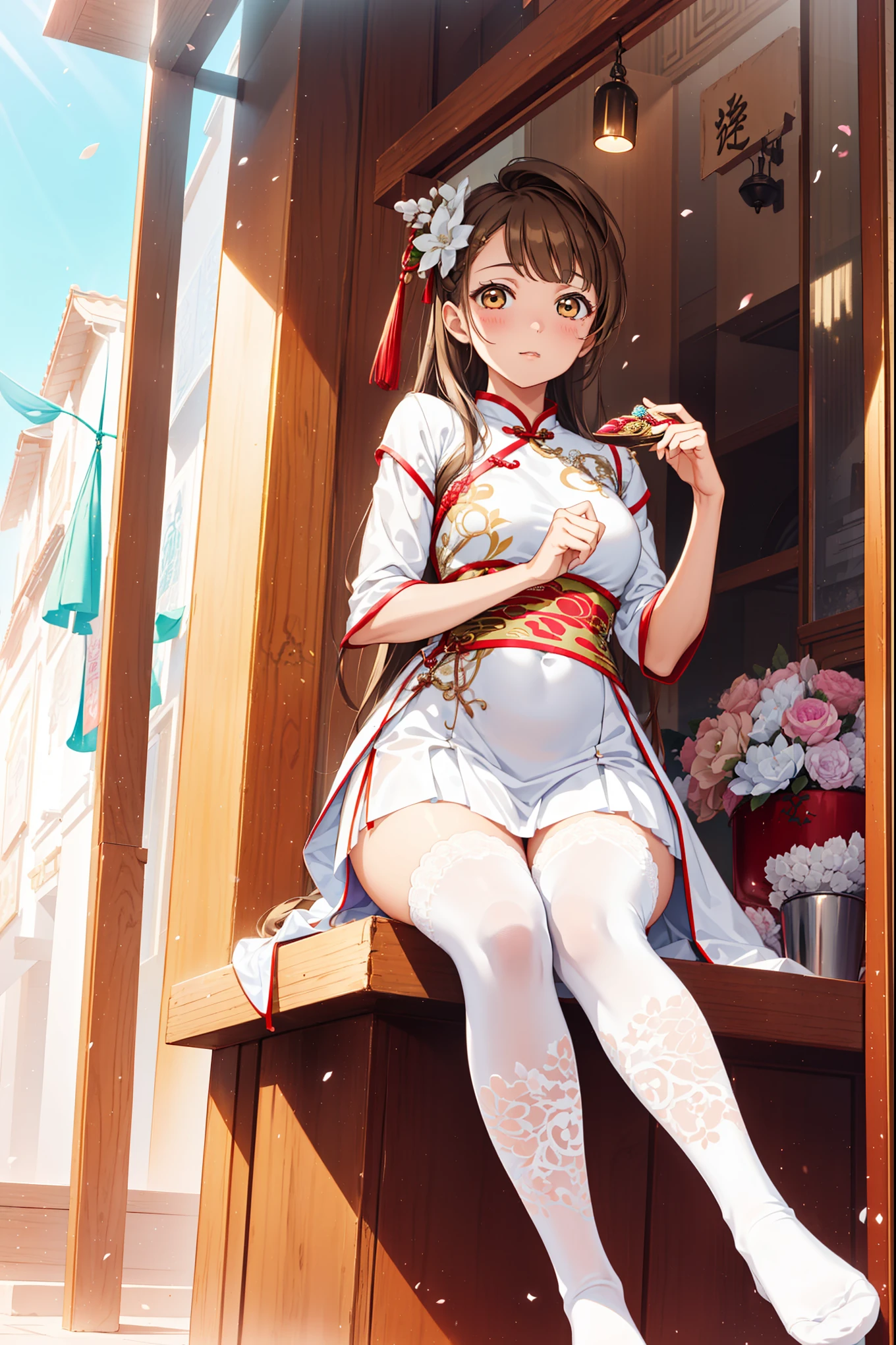 Teenage Girl，Saint，reserved，(Pure white elegant cheongsam:1.2)，Long skirt，(White knee socks)，(Brown hair:1.2)，Extremely detailed，Lace，Exquisite embroidery，Beautiful Pattern，(Exquisite clothing)，Chinese residential building，The only person，Beautiful and delicate face，
