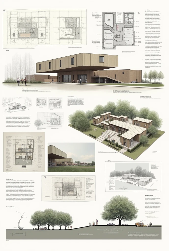 On an A3 make a distribution of an architectural work with its analysis, without leaving empty spaces with text with several images