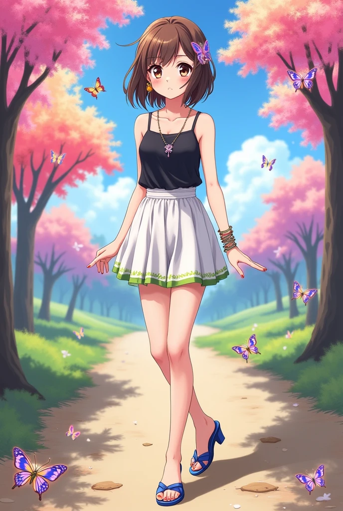 Anime Marin Kitagawa with short brown shoulder length hair wearing a small black camisole, a white mini skirt with green trim, painted fingernails, star-shaped earrings, bracelets on her hands, a pretty necklace, and blue heeled sandals with an autumn background with beautiful pink and purple butterflies flying, trees with rainbow clouds. 