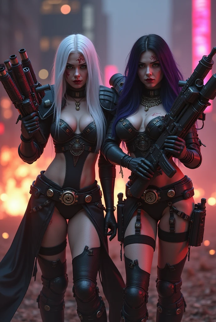 Full body pose sexy sisters of battle from the warhammer 40k, wounded in war, blood covered, shooting at the enemy, red space marine armor with intricate details, white space marine armor with intricate details, symbols on the armor, sisters of battle, warhammer 40k, Massive exposed silicone breast, pale skin, seductive, temptation, eat your soul, clevage, long white flowing hair, long black flowing hair with purple highlights, heavy gothic makeup, at night, neon, beautiful detailed eyes, beautiful detailed lips, extremely detailed eyes and face, long eyelashes, highly detailed space marine armor, intricate futuristic laser weaponry, dramatic lighting, cinematic composition, muted color palette, gritty and realistic, mecha, science fiction, hyper-detailed, photorealistic, award winning digital art, 8k, HDR, masters work, in the middle of a battle field, explosions and fire around, full war, stunning, cinematic, shooting at the enemy