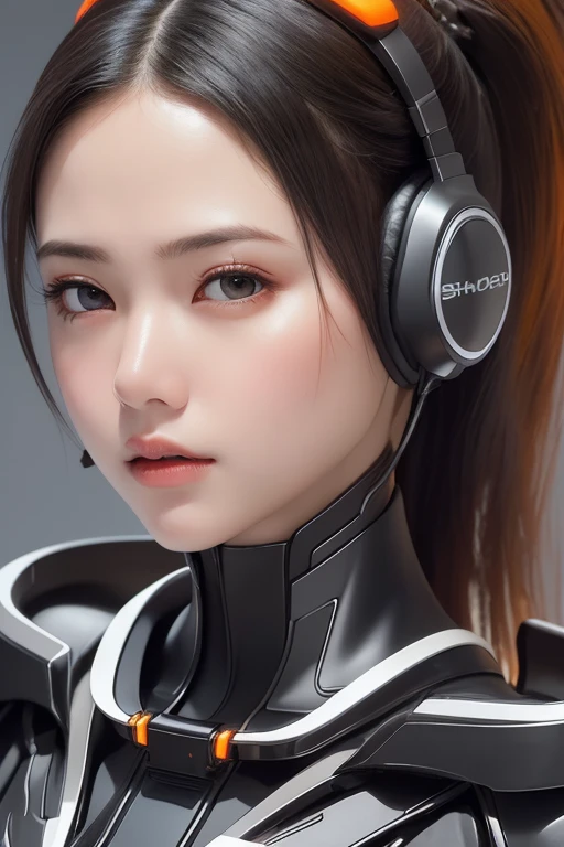 Top Quality, Masterpiece, Ultra High Resolution, (Photorealistic: 1.4), Raw Photo, 1 Girl, Black Hair, Glossy Skin, 1 Mechanical Girl, (((Ultra Realistic Details)), Portrait, Global Illumination, Shadows, Octane Rendering, 8K, Ultra Sharp, Intricate Ornaments Details, realistic skin, sweat effect, ((wearing Headphone)), very intricate detail, realistic light, CGSoation trend, brown eyes, glowing eyes, matte black and glossy orange mechanical bodysuit, Long hair, black hair, Ponytail hair, full body shot, spaceship bridge background, dynamic pose, cry, close up,