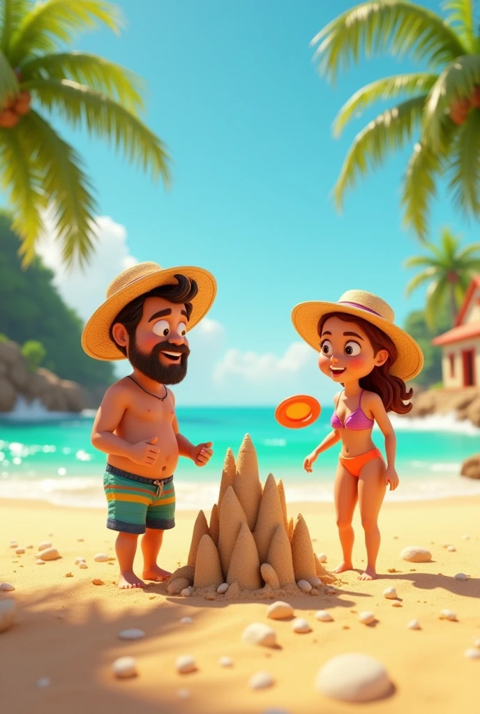 Create a Pixar-style 3D scene, showing a couple having fun on the beach on a sunny day. The man, with a colorful swimsuit and straw hat, is building a sand castle, while the woman, with a vibrant bikini and beach hat, brinca com um frisbee. The beach has golden sand, Turquoise sea with small waves, palm trees swaying in the wind and a colorful hut. The couple&#39;s expressions should be joyful and full of life., capturing the pleasure and connection of the moment. Use warm, bright lighting to create a cozy, fun atmosphere.

