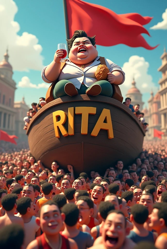 3d anime, a lot of people a hundred people, carrying a ship on his back, that has a fat politician on top, paunchy, with a crazy face, called Rita, eating a chicken thigh with a huge red flag and drinking a glass of wine. On the ship it says NIVALDO RITA