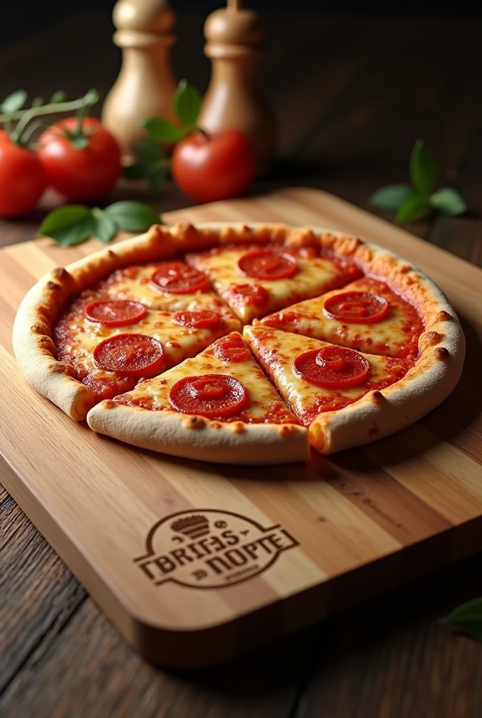 "Create an image of a square cutting board, larger than the pizza, featuring the logo of 'Brisas do Norte' engraved or embossed in one of the corners. The cutting board should have a natural wooden texture. On top of the board, place a realistic Italian-style pizza, larger in size and thin like a Neapolitan pizza, with pepperoni as the topping. The pizza should be cut into slices, with melted cheese and a slightly raised slice, emphasizing the realism. The logo should be visible on the cutting board, complementing the overall presentation with a premium touch."