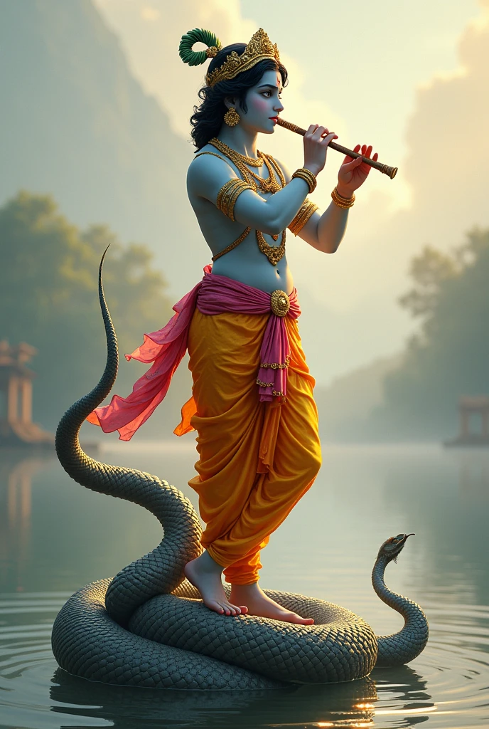 Make lord Krishna holding a flute on the top of snake