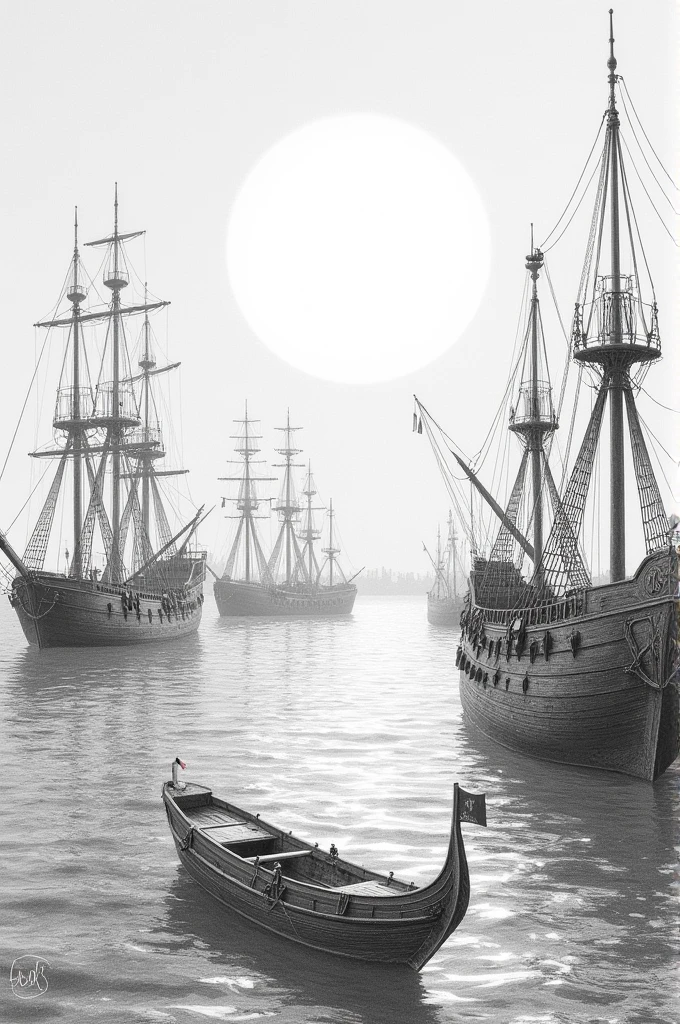 Boats in a port on the sea with shiny drops and the splendid sun pencil drawing