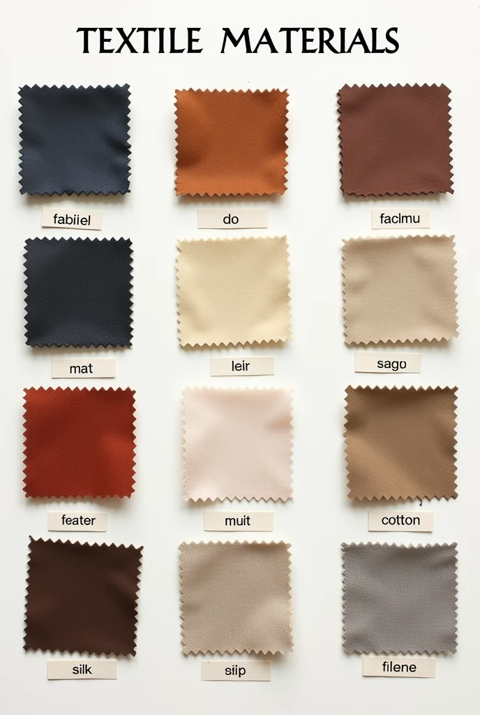 Show me an image classifying fabric, leather, silk and cotton, showing each material with its respective name in Spanish and especially the fabric, cotton, leather and silk for car upholstery.