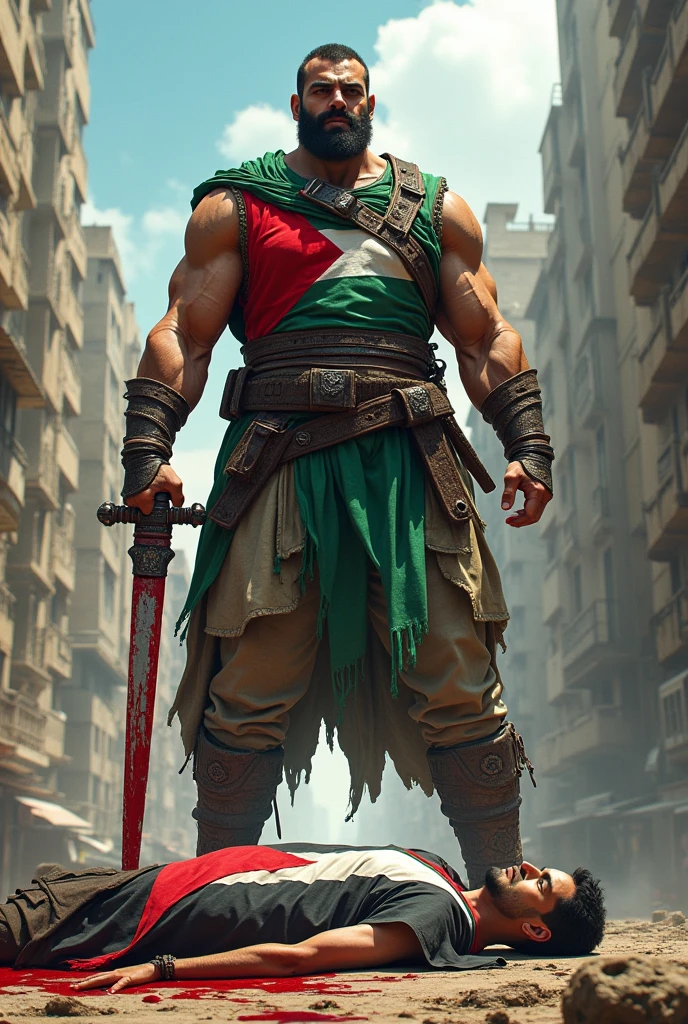 a Big Palestinian man is standing in a city with sword , he is high than big  building and he looking his body and holding Palestinian plag by his hand, his dress is maked by Palestinian plag and he is killing is a Israeli man by his own hand . who are dressed by Israeli plag