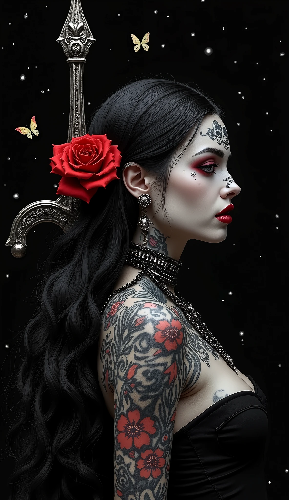 A dark, gothic-style digital image of a beautiful American woman in profile. Her long black hair flows dramatically behind her. Her face features intricate tattoo-like designs, including a skull on her temple. She has multiple piercings and wears ornate jewelry. A vibrant red rose is tucked behind her ear, contrasting with the monochrome palette.

Her arm and side are covered in elaborate, surrealistic tattoos depicting faces, symbols, and abstract designs. She appears to be wearing dark, form-fitting attire.

Behind her stands a tall, thin structure resembling a sword or stake. Small, colorful butterfly-like shapes float around it, adding a touch of whimsy to the otherwise somber scene.

The background is pitch black, with tiny white dots suggesting stars or sparkles. The overall lighting creates a high-contrast, dramatic effect, emphasizing the woman's pale skin against the dark surroundings.

The piece blends elements of gothic art, tattoo culture, and fantasy, creating a haunting and visually striking portrait