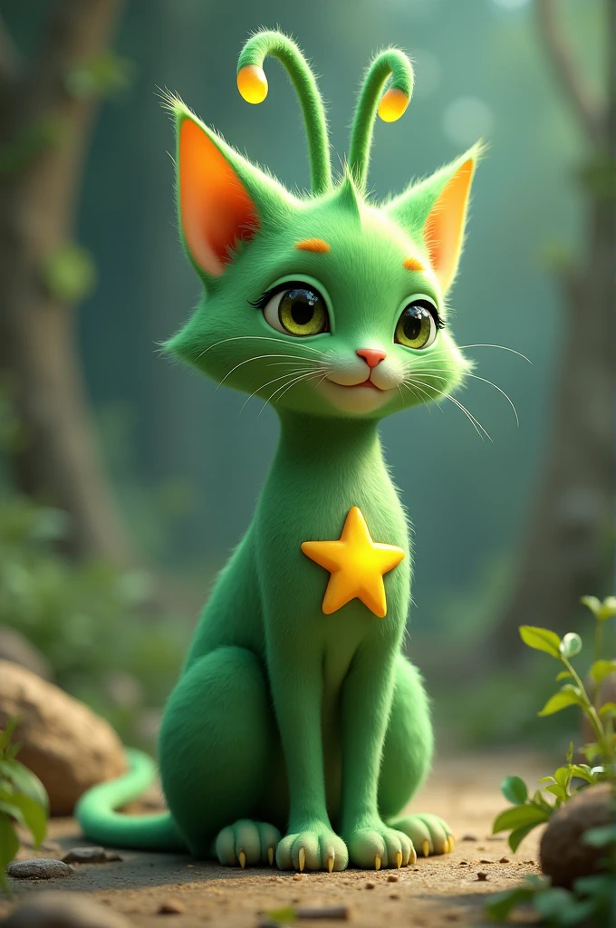 A green alien cat with a yellow star on its belly and green antennae with a yellow tip