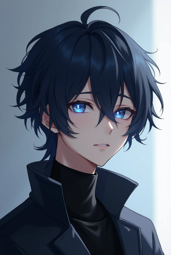 "A young male character with long hair reaching to his neck or ears, styled slightly wavy. His eyes are a striking blue (or white, if you prefer), giving him a mysterious and intense look. He wears a simple yet stylish outfit that complements his youthful appearance. The background is a subtle gradient, keeping the focus on the character's features. The lighting should be soft, highlighting the texture of his hair and the color of his eyes."