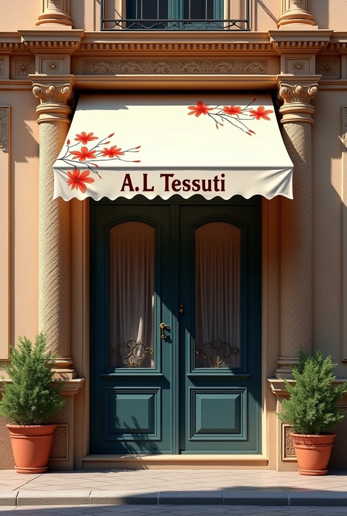 Facade of a tailor shop on the corner whose name is A. L Tessuti written in brown and old font.
Arabesque details on the pillars holding the delicate white canvas with branches of red spider lilies drawn on canvas. Dark blue French Doors.