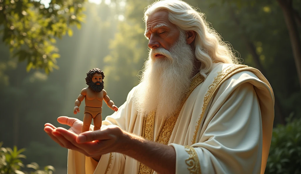 16k, 32k, UHD, masterpiece, best quality, upper body, God, who is super vast and gigantic, wearing white and shimmery gold robe, long white hair, white beard, holding a clay made 2 Adam in his hand. God is super Gigantic and Adam is as mall as God's little finger. God puts Adam into the beautiful enchanting garden of Eden. Adam is 20 years old but is tiny as God's little finger while in God's hand.