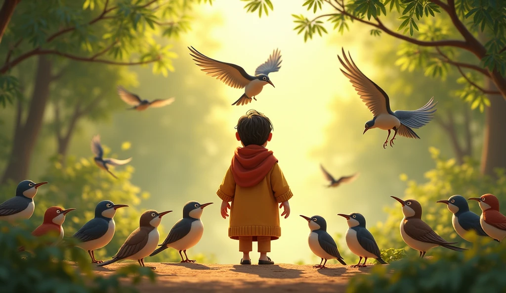Babu's Farewell: Babu saying goodbye to the birds, with the birds bidding him farewell.