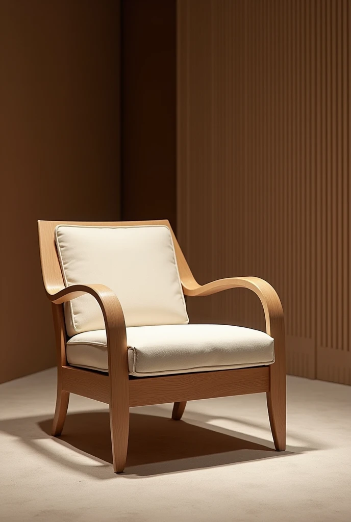 "Create an image of a luxury wooden armchair, with a design that combines delicacy and comfort. The armchair must display an elegant and refined structure, with smooth lines and subtle details that highlight its sophisticated character. The seat and backrest must be ergonomically designed to ensure absolute comfort, with high quality fabric or leather upholstery. Use premium finish wood, like light oak or walnut, to complement the luxurious look. The image should convey a sense of refinement and softness., suitable for high-end stores."
