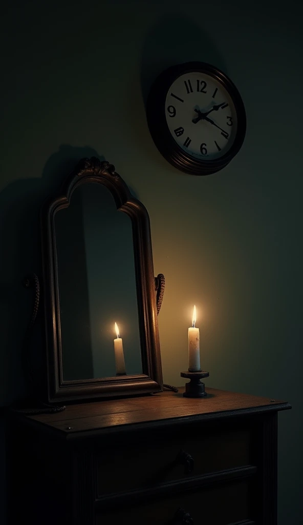 A mirror A candle burns slowly, on the wall a clock that shows the time: 23:59. The atmosphere is dark and gloomy.