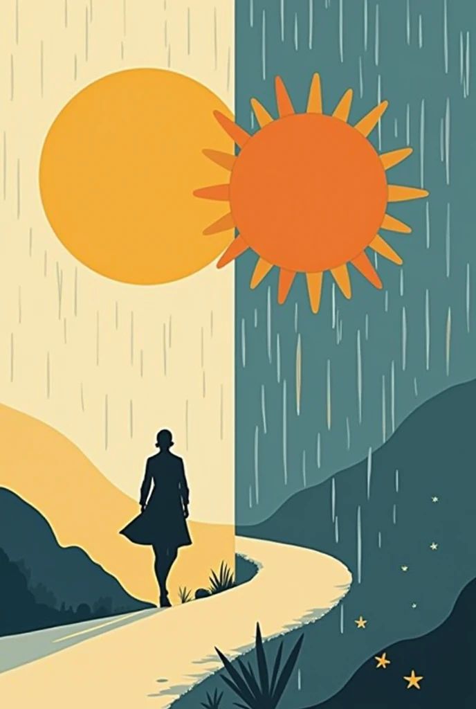 a drawing with sun and rain symbols next to each other and a stylised men walking through them