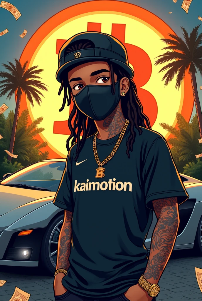 teen cartoon character with a black ski mask with dreads and a shirt that’s says KaiMotion on it with tattoos money and bitcoin around him with a masion and cars in the back 