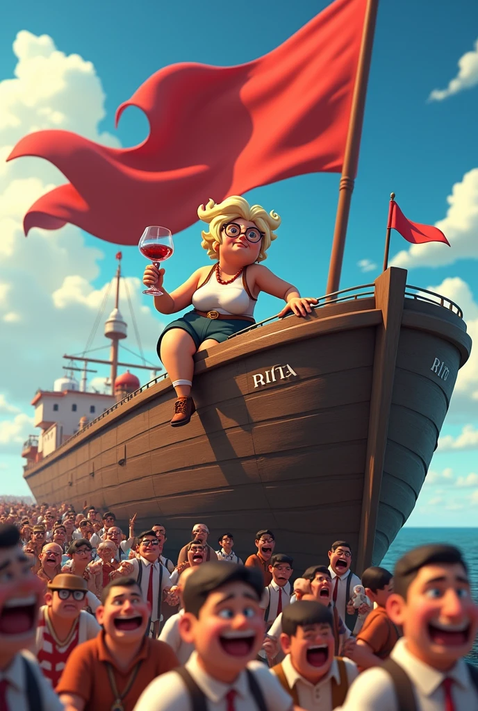 3d anime, a lot of people a hundred people, carrying a ship on his back, that has a fat politician on top, paunchy, with a crazy face, called Rita, eating a chicken thigh with a huge red flag and drinking a glass of wine. On the ship it says NIVALDO RITA