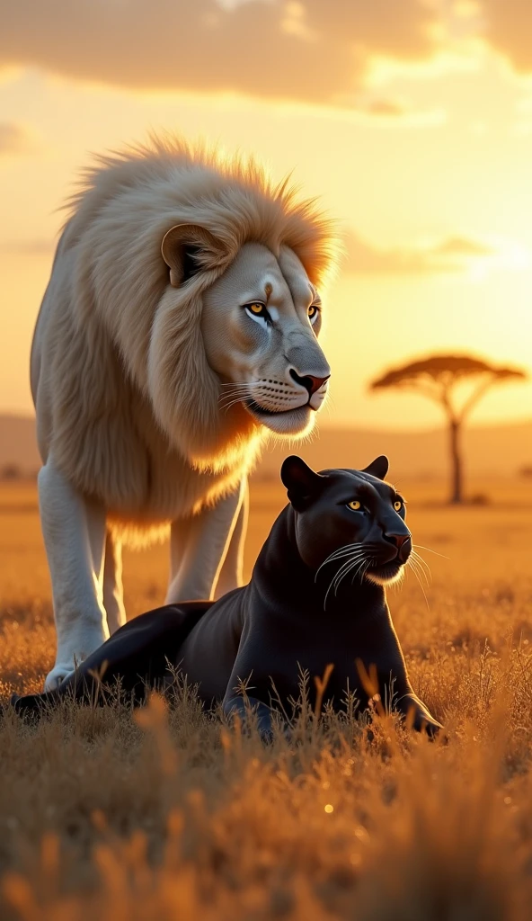 Create a scene in the African savannah during the golden hour, where a majestic white lion with a thick mane stands protectively over a resting black panther. The lion has a fierce expression, while the panther lies peacefully on the dry grass. In the background, there's a lone acacia tree, with distant grasslands stretching out under a slightly cloudy sky."