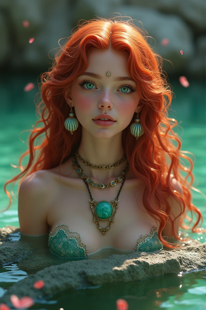 Beautiful Mermaid With Long Curly Red Hair, blue eyes, Shell Shaped Earrings, With A Green Stone Necklace, With a Green and Pink Syrup, Centered on a Rock of a Beautiful Realistic Island