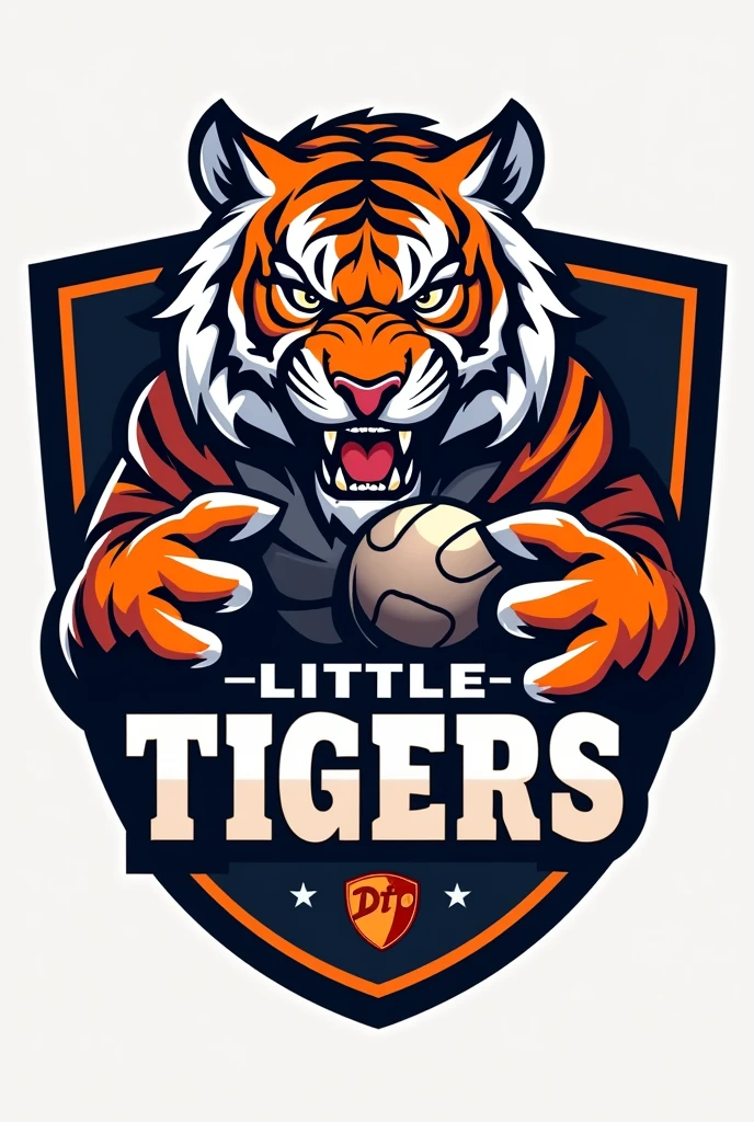 Com base no big tiger. Create a handball team shield, with the name "little tigers", where the tiger will represent the little tiger. The animal must have a handball in its hand, no people in the photo Tiger has to be angry MAKE IT MORE COMPETITIVE BUT I KNOW YOU CAN DO IT YOU FORGET TO PUT THE NAME