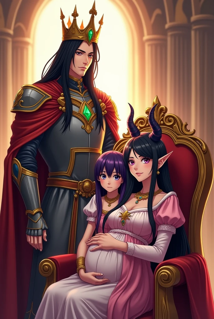 Royal portrait, Male character with long straight black hair, with RAF blue eyes, wearing armor and crown with inlaid emeralds, with a serious look, firm pose, while putting a hand on the shoulder of his son the human prince, purple hair, RAF blue eyes, next to the prince is his younger sister, an elf dressed as a princess with a pink and white dress, straight black hair and fuchsia pink eyes, hugging her father, next to them her mother sitting on an elegant chair, pregnant woman with pointed ears, purple hair, black horns, fuchsia pink eyes, elegant pose, dressed elegantly as a queen, wearing her crown, looking at the camera, detailed, daytime, rays sun, ultra detailed photography, 4k quality lighting, high resolution, masterpiece, anime style