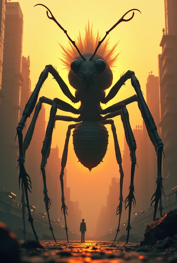 A big ant with a gost scalper at sun set in city