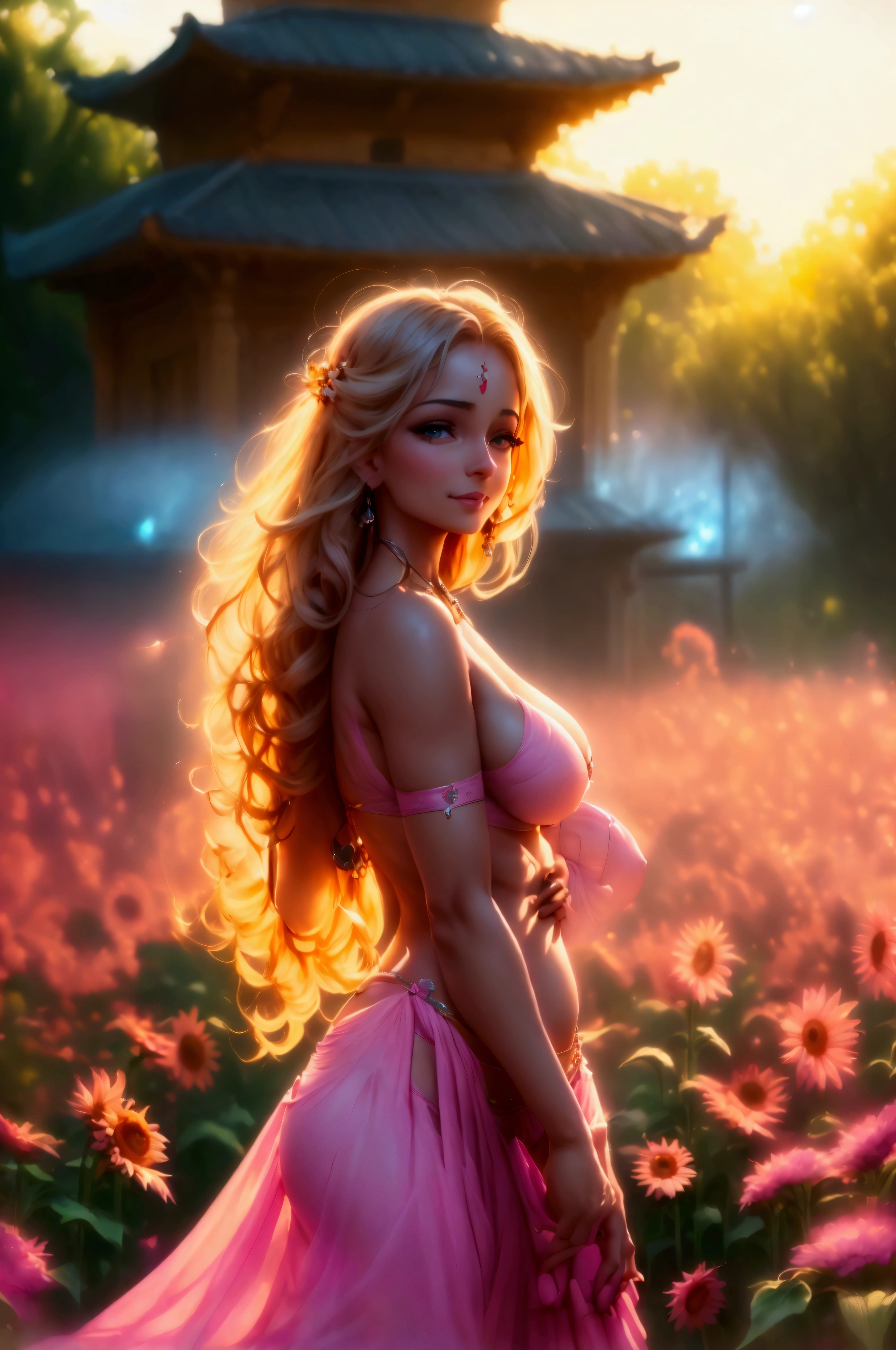 a woman in a pink dress standing in a field of sunflowers, smiley face smile on face, huge breasts, hot body curves, gracefully belly dancing pose, angel doing yoga in temple, photo of slim girl, beautiful woman body, photo of slim girl model, super model, style of beautiful body, yoga meditation pose, movie stills, beautiful fashion model body, nude